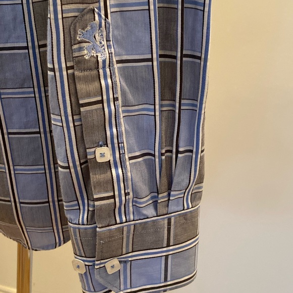 Bugatchi Mens Blue Gray Plaid w Gray Cuffs & Inside Collar / Size S / Fitted - Picture 8 of 13